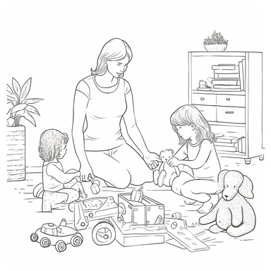 coloring page for kids of a mother and a child playing with toys, full body view, white neutral background, clean line art, low details , 1,5px thick black lines, simple clipart. simple