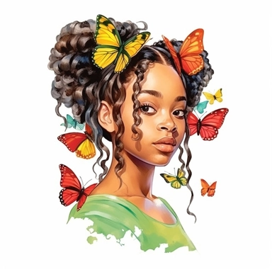 Cute Beautiful Red yellow green juneteenth Girl And Butterfly Watercolor Clipart,Cartoon, hyper realistic, intricate detail, illustration style,high solution,on the white background