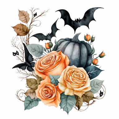 watercolor orange and black roses bouquet clipart, halloween themed, Bats and pumpkins, white background