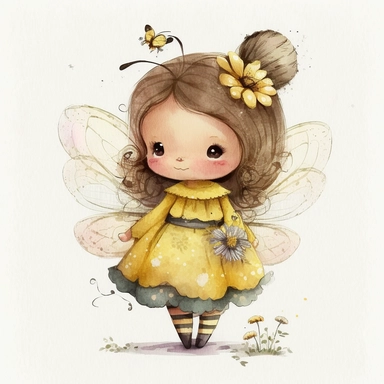 A cute little fairy in bumblebee dress, isolated subject, folklore artstyle, watercolor clipart, whitebackground