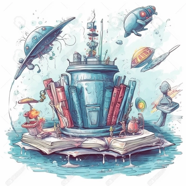 science fiction scene coming out of an open book, rockets, ufos, robots, magical, watercolors, Clipart, pastel blue color theme, intricate and detailed