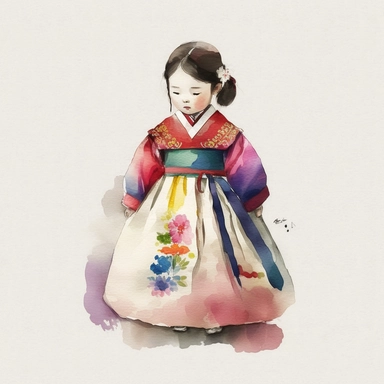 a cute little girl is wearing Korea traditional dress Hanbok. watercolor clipart, the skirt layers are designed to create a full and flowing silhouette, rainbow color jacket, The jacket worn by women in the royal family has long sleeves that are wide and