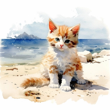 happy kitten on the beach, watercolor painting by WINSLOW HOMER, clipart, white background