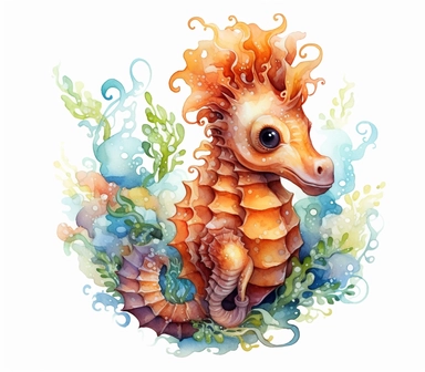 Cute Beautiful Fantasy colorful Baby seahorse Watercolor clipart,Cartoon, hyper realistic, intricate detail, illustration style,high solution,on the white background , 32k resolution, ultra high definition