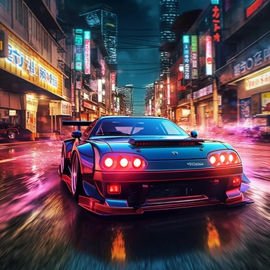 clip art of super tuned wide body kit car driving through flashy japanese skyline light beams reflecting off the car on a cold midnight scene