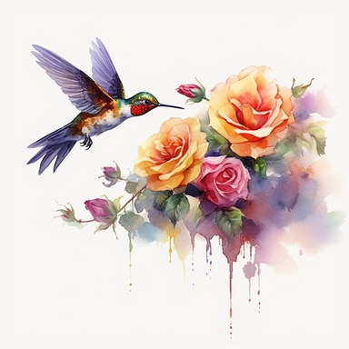 roses with a hummingbird in flight, Use a combination of vibrant colors and subtle variations in color to capture the freshness and vitality of the SCENE. Let the transparent and flowing nature of watercolors add a sense of lightness and movement to the painting, clipart, plain isolated white background, 8k ultra detail high sharpness