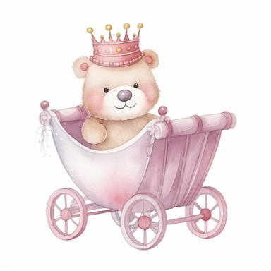watercolor clipart, adorable knitted kawaii royal baby bear on royal buggy, baby nursery, 8k, hd, isolated on a white background