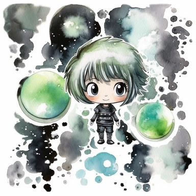 watercolor funny create kawaii marbled black ,silver, green chibi school spirit clipart, isolated on white background,space out--ar3:2--s1000