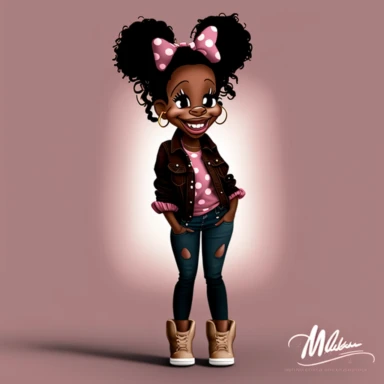 2d, beuatiful vibrant full body smiling african american adult mickey mouse woman clipart, dark brown face, pink ears, pink boots, cartoon realistic