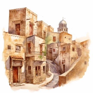 watercolor mardin town in turkiye, illustrations clipart set, simple, , cartoon elements ,different variants , historic stone houses,historic buildings, cobblestone lanes, tone facades of the buildings, Mardin's stone Alleyways separate elements with a margin