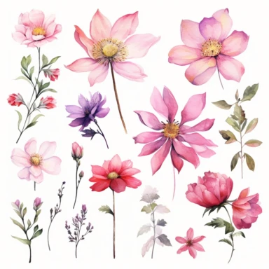 Captivating watercolor clipart set featuring different pink flower species, portrayed from various angles, arranged in a composition that appears as if the flowers are bursting forth, reaching for the sky, symbolizing resilience, determination, and the indomitable spirit of life's journey, clipart on a white backdrop.