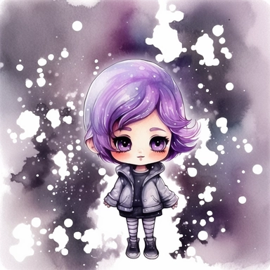 watercolor funny create kawaii marbled black ,silver, purple chibi school spirit clipart, isolated on white background,space out--ar3:2--s1000