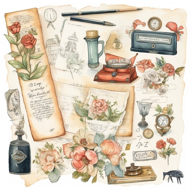 watercolor, hyper realistic, white background, white margins, 16k, ultra detailed clipart, cut out image, hand-drawn, whimsical some vintage envelope, Use a warm color palette and add details like handwritten notes and postage stamps for an authentic look.
