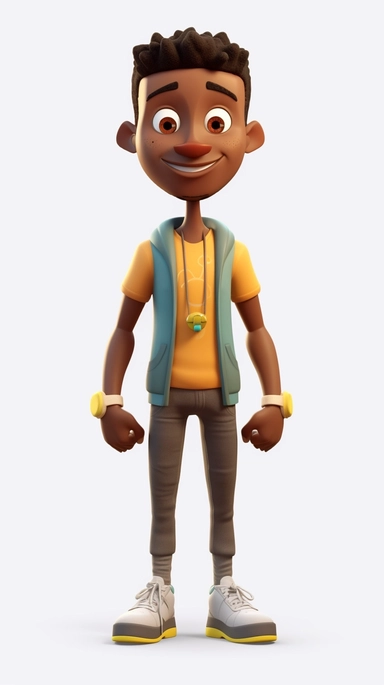 Front view of animated black man standing wearing t-shirt character design, full body, face drawing in top quality, high quality face drawing, clipart, full illustration, 4k, sharp focus, Soft skin, symmetrical, detailed face, concept art, storybook style, chibi kawaii. Octane rendering, 3D, perfect face, detailed face, delicate face, sharp lips. Perfect, detailed eyes