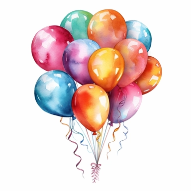 Generate a watercolor clip art image of a birthday balloon bouquet, featuring vibrant colors and a transparent background.