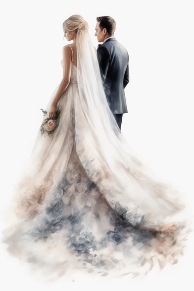 amazing detailed watercolor clipart of a beautiful bride with a beautifully detailed couture dress and a long veil and a handsome groom, solid white background, cinematic light lighting, hyper-detailed, 8k, high resolution, symmetrical, bodyshot photograph, insanely detailed and intricate, beautiful, elegant, watercolor, cinematic