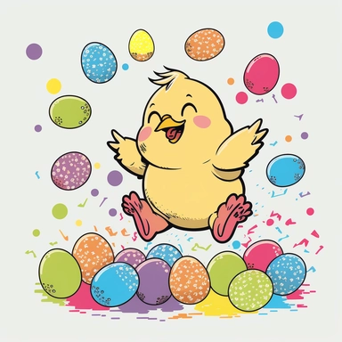 cartoon style, cute, happy, jumping Easter Chick with easter eggs, no description, clipart