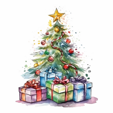 watercolor style, christmas tree with presents clipart, isolated on white background, 4K