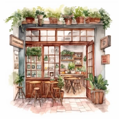Italian vintage shop clipart, Watercolor, detailed, interior design, Italian cafe interior clipart, Italian cafe illustration, white background, no caption, no text