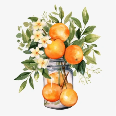 Create a watercolor oranges clipart with glass nd bouquets