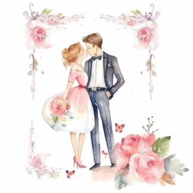 Adorable watercolor retro wedding invitation, watercolor clipart, high quality clipart, white background, high details