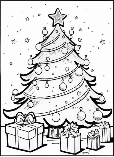 line art, black and white, christmas tree with presents, decorations, happy scene, cartoon sketch, coloring page for kids, coloring page for children, thick lines, realistic, drawing, printable outlined art, crisp lines, No background, clip art, hand draw