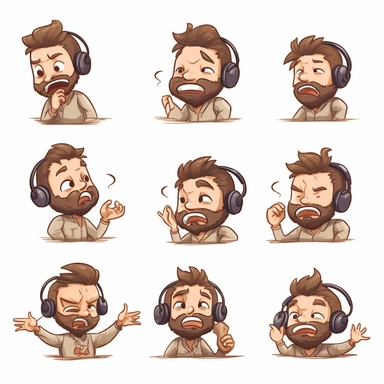 a watercolor Kawaii looking gamer chibi character of a guy with brown hair, wearing a man bun and beard, doing different emotional expressions. On white background as clipart. 6 panels with very different poses.