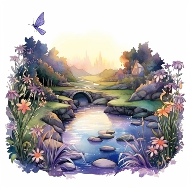 cartoon fairy glen by the River, grass and flowers line the sides if the river, glowing lights and sparkles, colors of green purple gold and blue, glamorous realistic and detailed, watercolor, white background with margins, clipart style