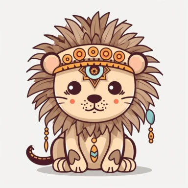 cute lion indian chief, kawaii style, vecotr clipart, black outline