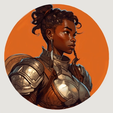 A Dungeons & Dragons character portrait circular tondo depicting a dark-skinned desert onsen female knight, Craig Mullins Ashley Wood Bernard Buffet Josh Kirby, Mad Max Lord of the Rings Discworld, handpainted punk zine indie retrowave, clipart illustration, circular solid background circular border