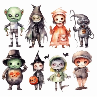 Watercolor Cute Halloween characterset: Bat, Ghost, Frankenstein, Dracula, Jack-o-Lantern, Mummy, Zombie, Witch, Grim Reaper Clipart hd, isolated on white background