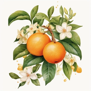 This highly detailed watercolor clipart features a captivating orange fruit surrounded by delicate leaves and blossoms in the background. The artwork exudes a serene and natural ambiance with its neutral color palette, presented against a clean white backdrop. The orange is meticulously rendered, showcasing its textured peel and vibrant hue, while the surrounding leaves and blossoms add a touch of botanical elegance. The watercolor technique adds depth and realism to the clipart, creating a visu