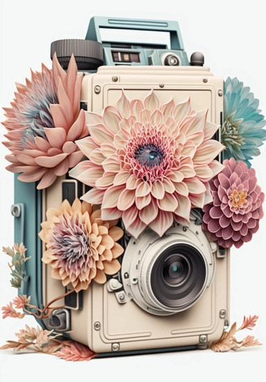 a watercolor vintage photo camera, profil view, surrounded by an intricate arrangement of dramatic extravagant ultra realistic digital multicolor 3D happy giant dahlias, in the style of large-scale photography, lush detailing, watercolor style, pastel colors, sacred geometry, origamy, kaleidoscope, photorealistic, playfully intricate, made of flowers, bloomcore, 8K, clipart, clear background