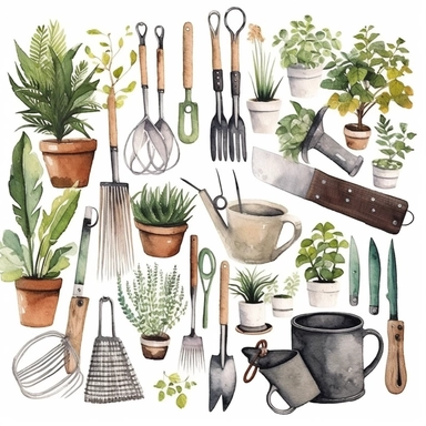 basic watercolor garden tools spaced in minimal hand drawn style, Etsy, textured, clipart, white background