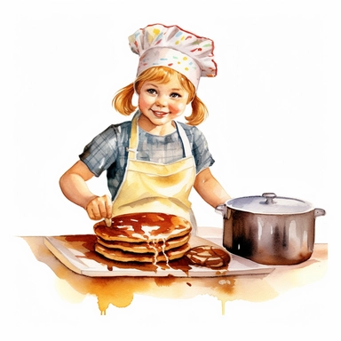 vintage adorable little girl dress as chief making pancakes, clipart style, watercolor technique, super high quality, professional watercolor clipart, high resolution
