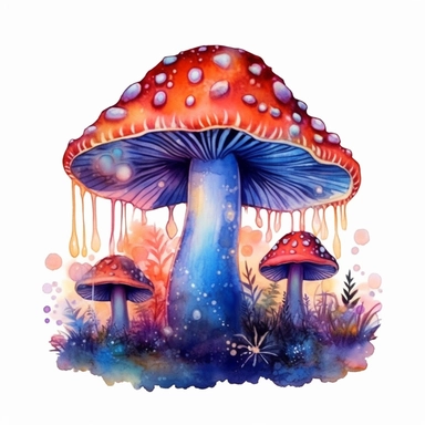 watercolor clipart, incredibly ornate magical mushrooms fairyland, isolated white background, 8k, beautiful colors vibrant, dreamy, elaborate cottagecore detailed fairy stars sparkles starry mushroom