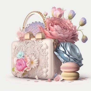 fashion composition with flowers, designer purse, designer parfum girly, lace, colorful, iridescent, elegant, glamor, sophisticated, atmosphere, white background, clipart