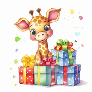 a captivating watercolor clipart image with a white background and white margins, featuring a cute sweet kawaii extremely happy smiling cartoon baby giraffe surrounded by present boxes, full body. The ultra-detailed, hand-drawn elements capture the details. Use vibrant shades of various colors to create a visually appealing image