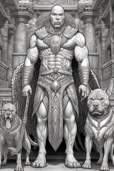 a realistic coloring book style hyper detailed image of a vicious muscular vibrant pit bull with clipped pointy ears, standing guard confident in front of an egyptian pryamid entrance, a low rider, a beautiful african queen, and a muscular mexican hip hop man, realistic coloring book page