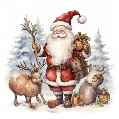 Snowman, santa claus, deer, christmas gnomes, sleigh, gifts, christmas decorations, christmas tree watercolor christmas clipart