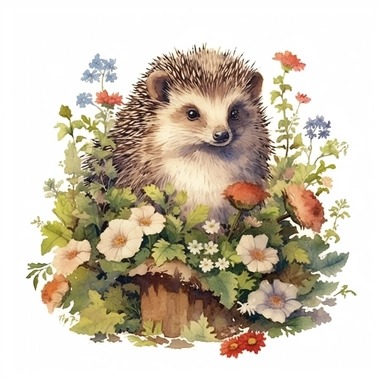 a hedgehog surrounded by flowers, 1970s children's book illustration, clipart, white background