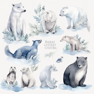 Create a captivating collection of ultra-detailed watercolor clipart, capturing the enchanting beauty of winter in the Arctic. The clipart should feature a variety of winter elements, including snowflakes, icy landscapes, and frosty foliage, combined with the majestic presence of Arctic animals like penguins, arctic foxes, and bears. Utilize the watercolor technique to infuse the illustrations with soft, cool tones, and delicate textures, evoking the serene and magical atmosphere of the Arctic. 
