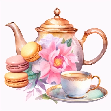 Clipart of set of teapot and cup set in the style of light gold and pink ,decorate with flower serving flowering tea, with a plate of macarons, Watercolor, pastels, clipart, beautiful, colourfull, png transparent white background, high resolution, watercolour, 8k, hyper-realistic, isolated on a white background. q4 s2.