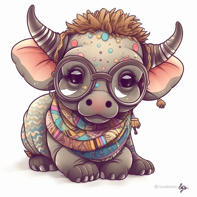 kawaii adorable African buffalo wearing cute glasses, nursery art, clipart image, line art image, white background, inspired by yoshitaka amano art, very detailed, 8k