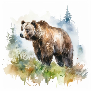 a detailed watercolor painting of a Grizzly Bear in the wild, clipart, white background
