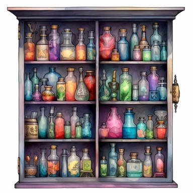 vibrant alcohol ink apothecary cabinet with open doors clipart