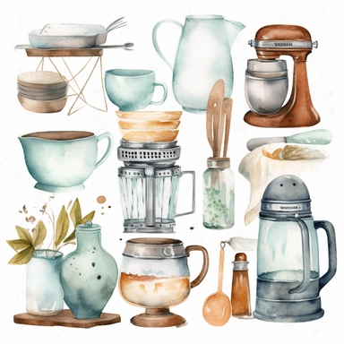 Create watercolor clipart of kitchen utensils and appliances, such as pots, pans, spatulas, blenders, and coffee makers. Use soft pastel colors to give the clipart an elegant and refined look, white background