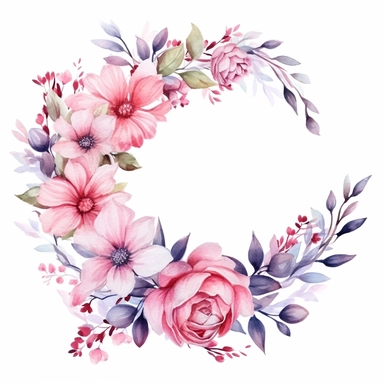 beautiful watercolor floral wreath with decorative elements, flowers, leaves, clipart, isolated on white background, bojo, vintage, lithograph, 32k uhd, texture
