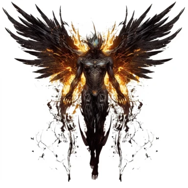 image of a dark archangel, fire wings, mythological figure, sci-fi style, white background, clipart