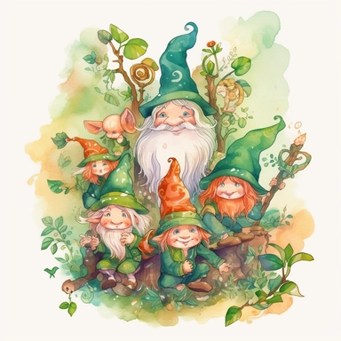 A bunch of Mystical magical cute Leprechauns in a Magical Forest full of whimsical nature Clipart, Fantasy Art, Fairy Tale Art, cloroful Watercolor